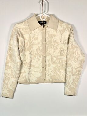 BAILEY/44 Buttery Soft Cardigan Sweater Textured Floral Tan Cream Long Sleeve